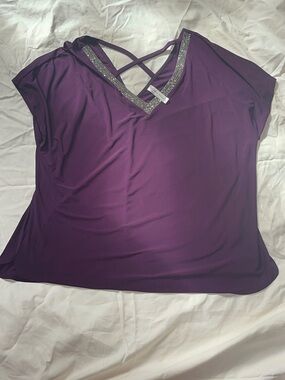 Perseption Deep PurpleV-Neck Tunic with Crisscross Straps and Metallic Trim